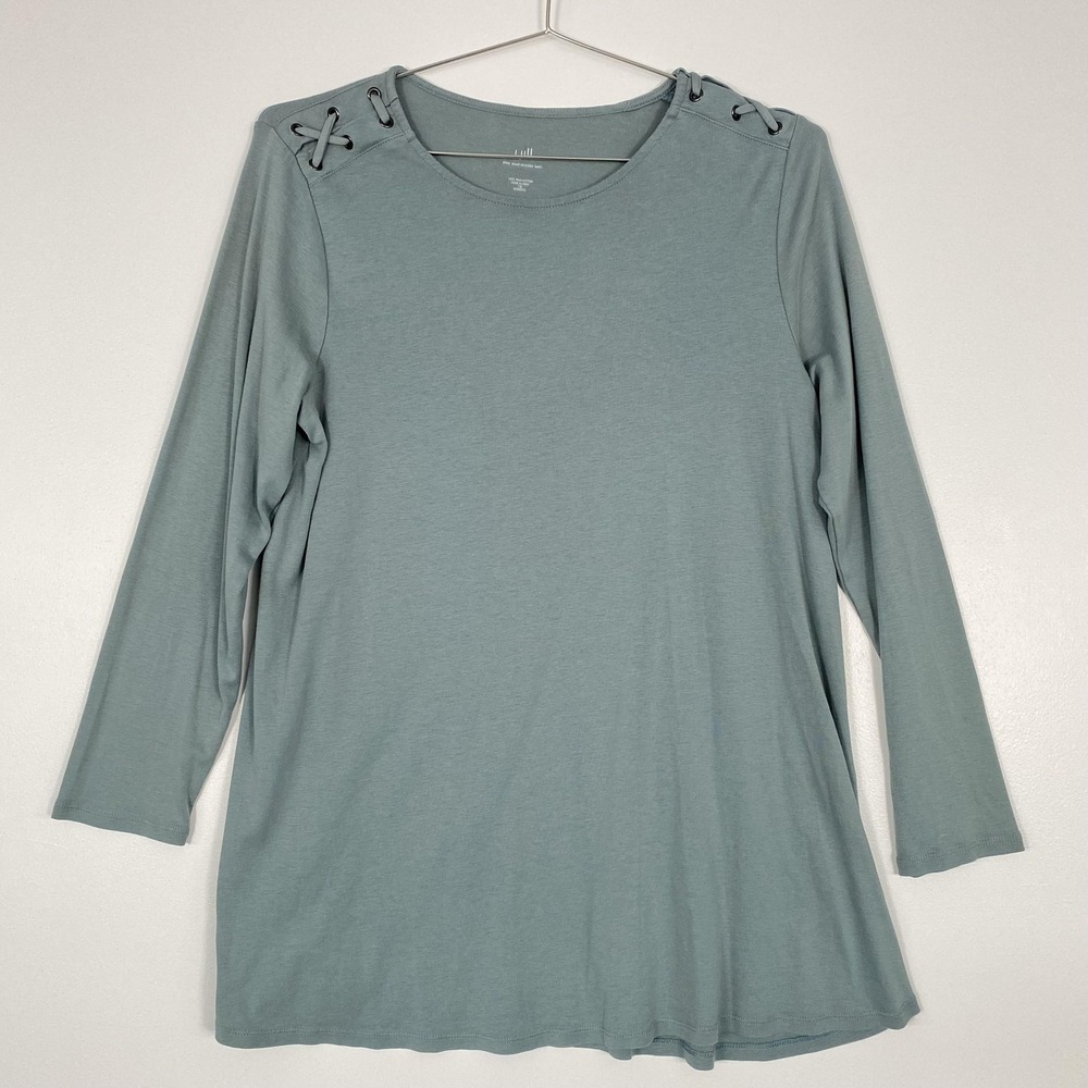 J Jill Tunic Shirt Womens 1X Green Pima Lace Up Shoulder Long Sleeve Cotton
